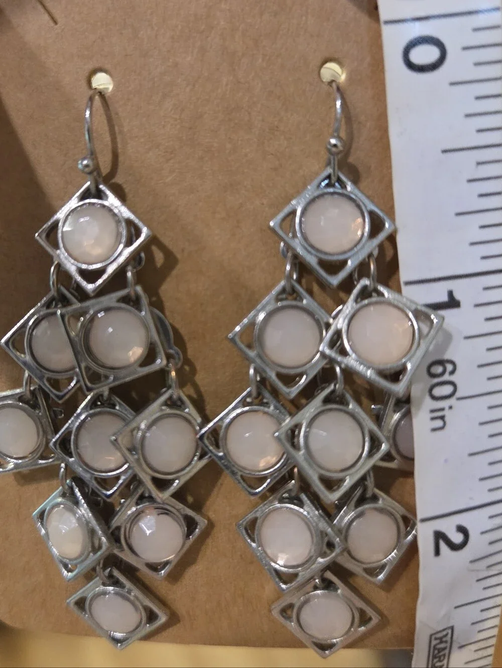 Silver Tone Geometric Chandelier Statement Earrings Blush Pink Stones